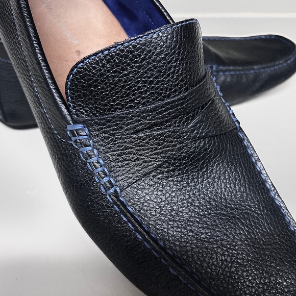 Donald J. Pliner Varran Black Pebbled Leather Loafer/Moc w/ Blue Contrast Stitch - Picture 10 of 13